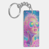 Glamouröse Neonfrau mit funkelnder Brille Schlüsselanhänger (Vorderseite links)