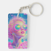 Glamouröse Neonfrau mit funkelnder Brille Schlüsselanhänger (Rückseite)