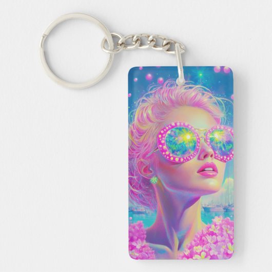 Glamouröse Neonfrau mit funkelnder Brille Schlüsselanhänger (Vorderseite)