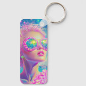 Glamouröse Neonfrau mit funkelnder Brille Schlüsselanhänger (Rückseite)