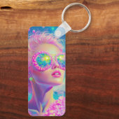 Glamouröse Neonfrau mit funkelnder Brille Schlüsselanhänger (Rückseite)
