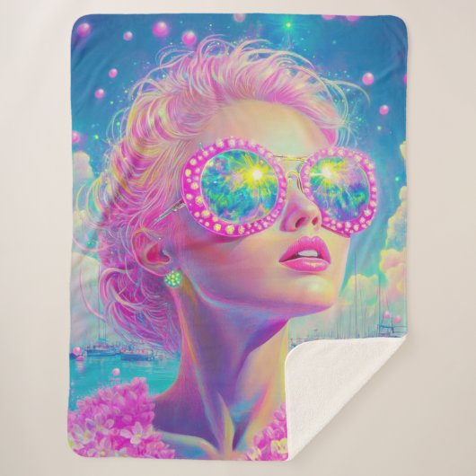 Glamouröse Neonfrau mit funkelnder Brille Sherpadecke (Vorderseite)