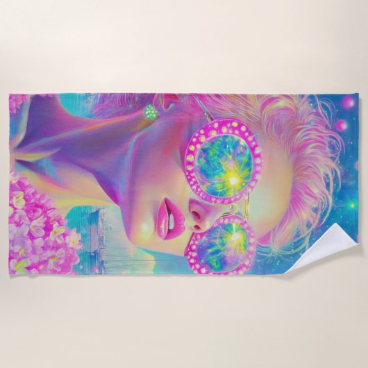 Glamouröse Neonfrau mit funkelnder Brille Strandtuch (Vorderseite)