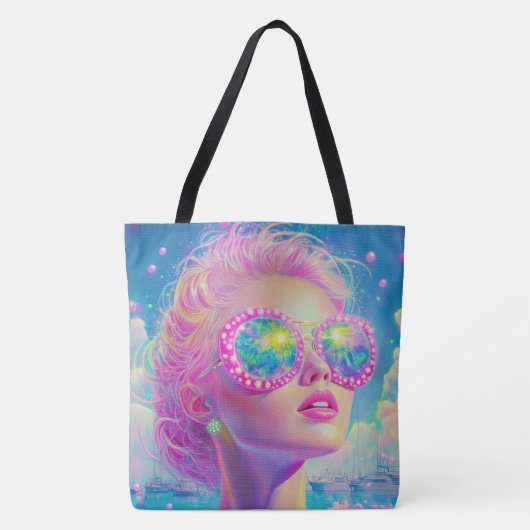 Glamouröse Neonfrau mit funkelnder Brille Tasche (Vorderseite)