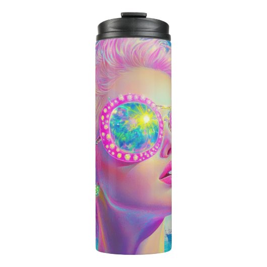 Glamouröse Neonfrau mit funkelnder Brille Thermosbecher (Vorderseite)