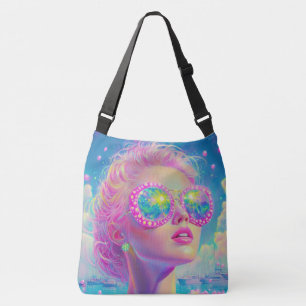 Glamouröse Neonfrau mit funkelnder Brille Tragetaschen Mit Langen Trägern