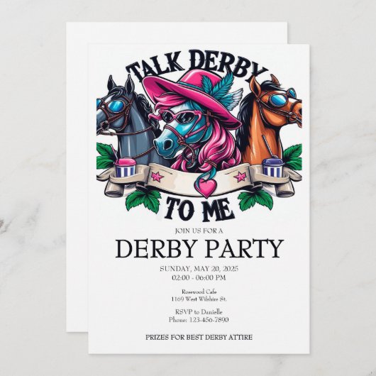 Glamouröse Pferderede Derby zu mir Party Einladung (Vorne/Hinten)