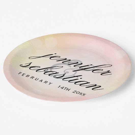 Glamouröse Pink Bokeh Light Monogramm Hochzeit Pappteller (Schrägansicht)