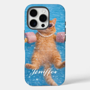 Glamouröse Poolkatze schwebt stilvoll iPhone 16 Pro Hülle