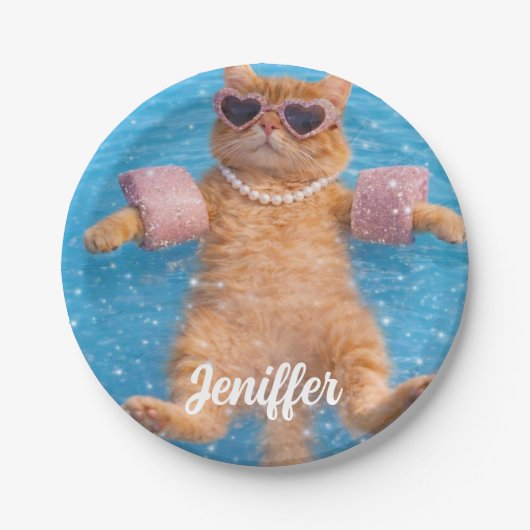 Glamouröse Poolkatze schwebt stilvoll Pappteller (Vorderseite)