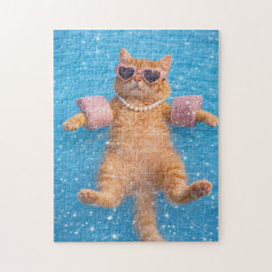 Glamouröse Poolkatze schwebt stilvoll Puzzle