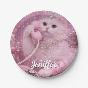 Glamouröse Prinzessinnenkatze beim Telefonieren Pappteller