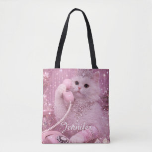 Glamouröse Prinzessinnenkatze benutzt Telefon Tasche