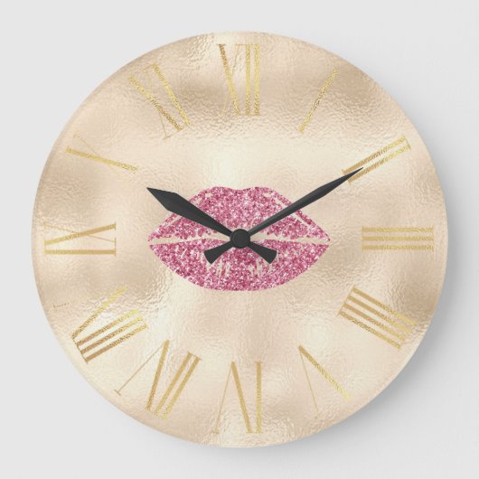 Glamouröse Rosa Glitzer Lippen auf Champagner Gold Große Wanduhr (Vorderseite)