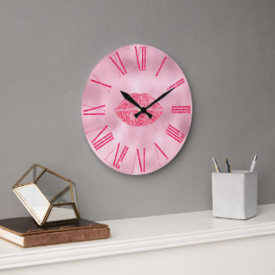 Glamouröse rosa glitzernde Lippen Große Wanduhr