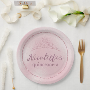 Glamouröse rosa-glitzernde Tiara Quinceañera Pappteller