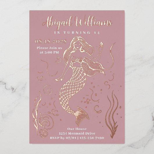 Glamouröse rosa Meerjungfrau unter dem Meer Geburt Folieneinladung (Vorderseite)