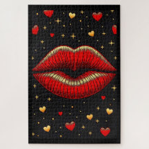 Glamouröse rote Lippen goldene Herzen Puzzle
