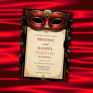 Glamouröse rote Maskenball Art Deco Hochzeit Einladung
