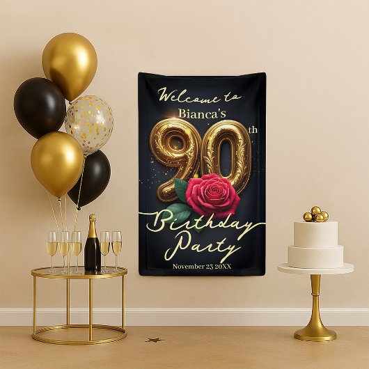 Glamouröse Rote Rose Golden Birthday 90. Willkomme Banner