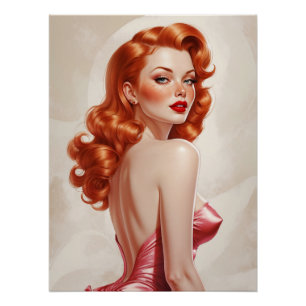 Glamouröse Rotschopf-Pin-Up im rosa Kleid  Poster