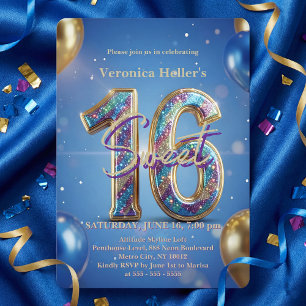 Glamouröse Royalblaue Goldene Ballons Sweet 16 Geb Einladung
