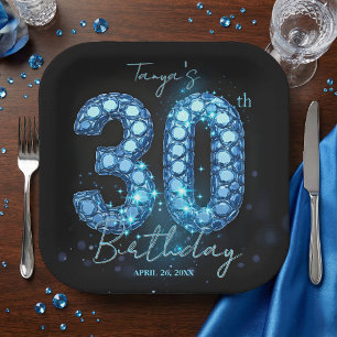 Glamouröse Saphirblaue Juwel-Mosaik 30. Geburtstag Pappteller