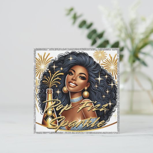 Glamouröse schwarze Frau Popping Champagner Neujah Karte (Stehend Vorderseite)