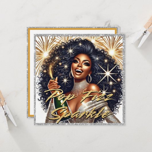 Glamouröse schwarze Frau Popping Champagner Neujah Karte (Vorderseite/Rückseite Beispiel)