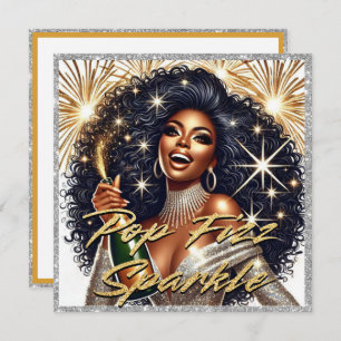 Glamouröse schwarze Frau Popping Champagner Neujah Karte