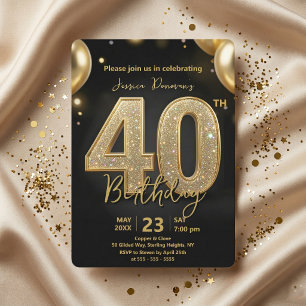Glamouröse schwarze Gold Glitter 40. Geburtstagsfe Einladung