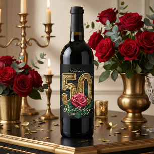 Glamouröse schwarze goldrote Rose 50. Geburtstagsf Weinetikett