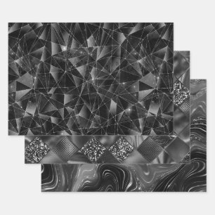 Glamouröse schwarze und silberne funkelnde Muster Geschenkpapier Set