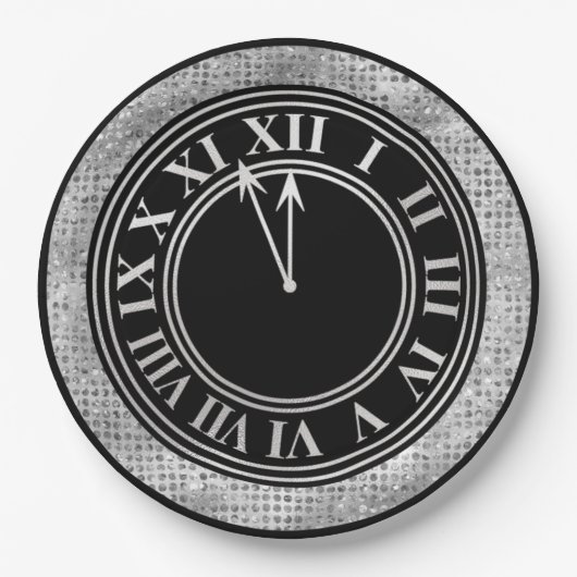 Glamouröse Silver Diamonds New Year's Clock Pappteller (Vorderseite)
