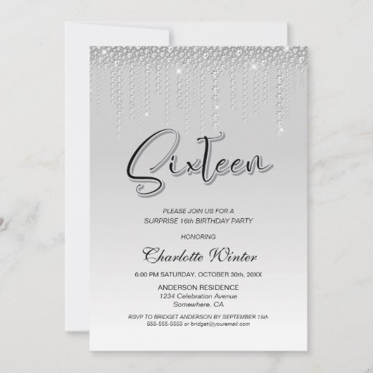 Glamouröse Silver Diamonds Überraschung 16. Geburt Einladung (Vorderseite)