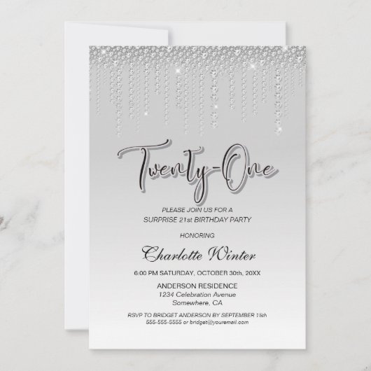 Glamouröse Silver Diamonds Überraschung 21. Geburt Einladung (Vorderseite)