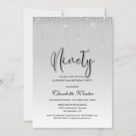 Glamouröse Silver Diamonds Überraschung 90. Geburt Einladung (Vorderseite)