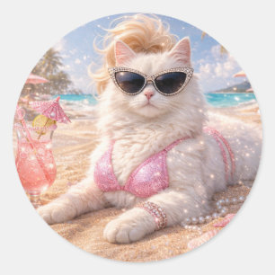 Glamouröse Strandkatze mit Sonnenbrille Runder Aufkleber