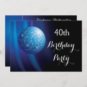 Glamouröser 40. Geburtstag Blue Party Disco Ball Einladung (Vorne/Hinten)