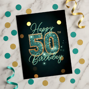 Glamouröser Aquamarin- und Goldmosaik 50. Geburtst Postkarte
