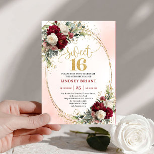 Glamouröser Boho-Burgunder-Gold-Blumen-Sweet Sixte Einladung