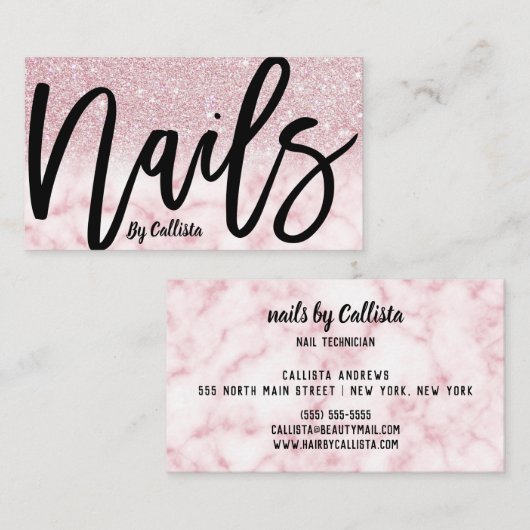 Glamouröser Chic Pink Glitzer Marmornagel Technike Visitenkarte (Vorne/Hinten)
