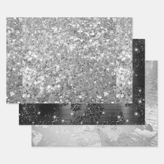 Glamouröser funkelnder Silber- und schwarzer Glitt Geschenkpapier Set (Set)