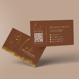 Glamouröser Gold- und Brauner Wimpern-Tech-QR-Code Visitenkarte