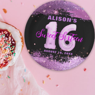 Glamouröser lila Glitter rosa Luftballon Sweet 16 Pappteller