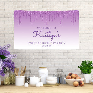 Glamouröser lila Glitter-Tropfen Sweet 16 Party Banner