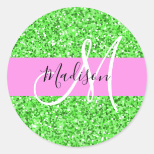 Glamouröser Pink- und Grün-Glitter-Monogramm-Name Runder Aufkleber