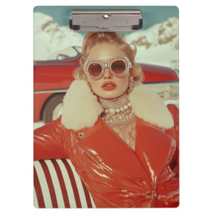 Glamouröser Retro-Winterstil in alpiner Kulisse Klemmbrett