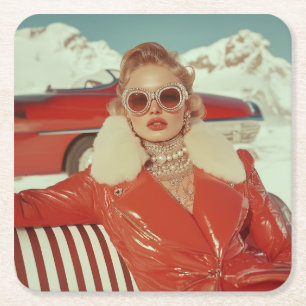 Glamouröser Retro-Winterstil in alpiner Kulisse Rechteckiger Pappuntersetzer