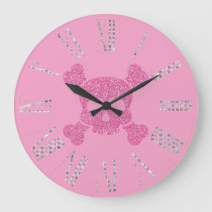 Glamouröser Rosa Glitter-Totenkopf und Kreuzknoche Große Wanduhr